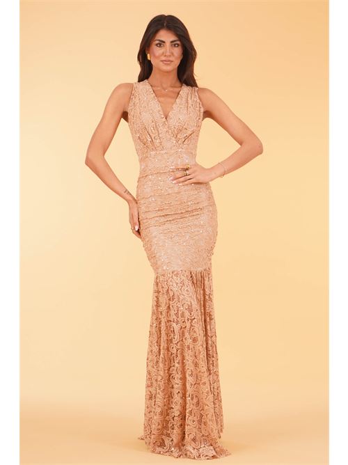 Abito lungo in pizzo elastico Dramee | 26749MOCHA