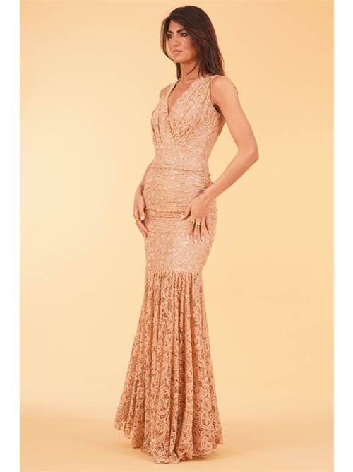 Abito lungo in pizzo elastico Dramee | 26749MOCHA